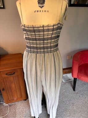 Madewell Blue and White Striped Smocked Jumpsuit